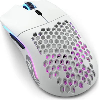A white gaming mouse with a honeycomb design and RGB lighting.