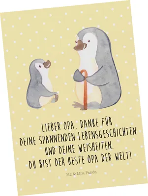 Produktbild von Mr. & Mrs. Panda Grußkarte Pinguin Opa Enkel - Gelb Pastell - Geschenk, bildkarte, Postkarte, Opi, Großvater, Weise, Postkarten, Ansichtskarte, Ansichtskarten, Muttertag