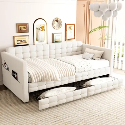Immagine prodotto di Letto imbottito okwish 90x190 con due cassetti, divano letto con tasca portaoggetti laterale, letto per bambini color beige, senza materasso