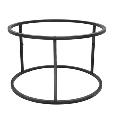 A black metal table base with a circular top and bottom frame, connected by vertical supports.