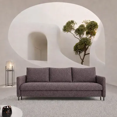 Productafbeelding van Sofello slaapbank BELIssA, pastelbruin bouclé, met opbergruimte en kussens – bank met slaapfunctie, ligvlak 202x150 cm.