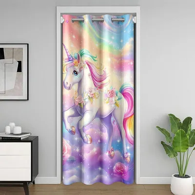 Obrázek produktu pro Záclona na dveře s motivem jednorožce, rozměry 150x203 cm, fialová a žlutá, izolační, jako prostorový člen
