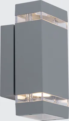 A modern gray outdoor wall light with clear glass accents.