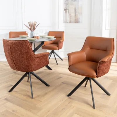 Produktbild von riess-ambiente Drehbarer Stuhl LE GRAND cognac Echtleder Strukturstoff schwarzes Metallgestell Drehstuhl Esszimmerstuhl Essstuhl