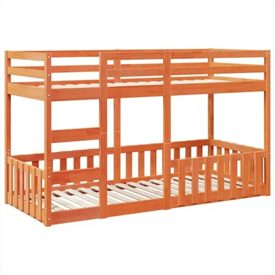 A wooden bunk bed with a light brown finish is shown against a white background.