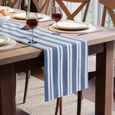 Productafbeelding van Katoenen tafelloper - Blauw en wit gestreept - 32 x 230 cm - Machinewasbaar