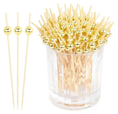 Productafbeelding van Houten cocktailprikkers met gouden kralen, 4,7 inch lang, 200 stuks