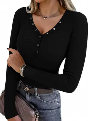 Productafbeelding van Damesshirt met lange mouwen, V-hals en knopen, zwart, elastische ribstof