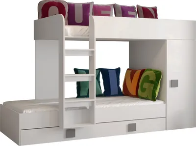 Produktbild von Etagenbett für Kinder Toledo 2 Stockbett mit Treppe und Bettkasten (Weiß + Weiß Glanz + graue Griffe)