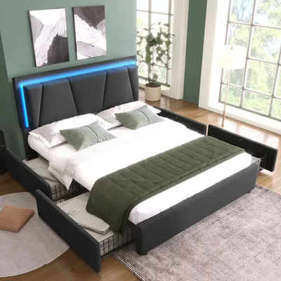 Produktbild von Polsterbett mit LED-Beleuchtung und 4 Schubladen,Höhenverstellbarem Kopfteil,Doppelbett 160x200cm Stauraumbetten Bettgestell, Lattenrost aus Holz