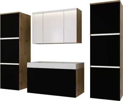 Produktbild von Badmöbel Set in Wotan Eiche/Schwarz Matte, Badezimmermöbel set, Badezimmer Set Möbel
