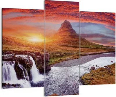 Produktbild von Bild auf Leinwand - Leinwandbild - 3 Teile - Kirkjufell Wasserfall Berg - 130x100cm - Wand Bild - Wanddeko - Wandbilder - Leinwanddruck - Bilder - Wanddekoration - Leinwand bilder - CB130x100-4704