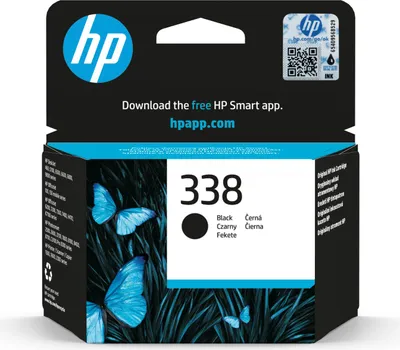The image shows the packaging of an HP 338 black ink cartridge. The packaging features the HP logo, product number, and information about downloading the HP Smart app. It also has an image of blue butterflies and grass.