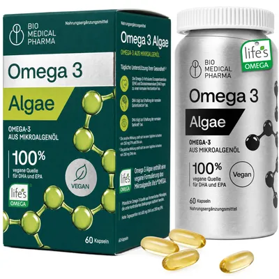 Produktbild von Omega 3 Vegan Algenöl Kapseln – 600mg DHA + 200mg EPA pro Tagesdosis – life'sOMEGA Algenöl – Hochdosiert, Kein Fischiger Nachgeschmack (60 Kapseln)