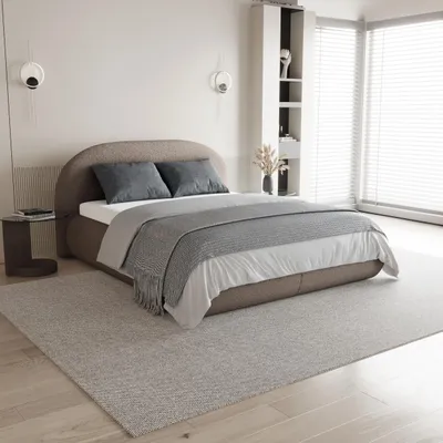 A bedroom scene with a bed, rug, and shelving unit.