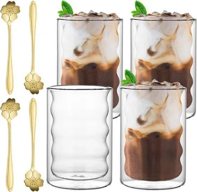 Immagine prodotto di Set di 4 tazze da caffè in vetro a doppia parete - Tazze da espresso da 375 ml - Include 4 cucchiaini - Ideali per latte macchiato, cappuccino, birra, tè al latte e cappuccino