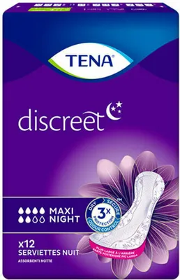 A product package for Tena Discreet Maxi Night sanitary pads.