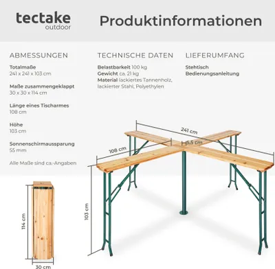 Produktbild von Tectake Stehtisch klappbar quadratisch braun Quattro Modell, lackierte Fichte, Stahlrahmen, Kunststofffüße, 241 x 241 x 103 cm, für bis zu 20 Personen