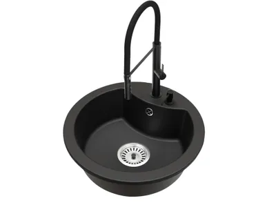 Produktbild von Granit Küchenspüle Einbauspüle 1 Becken MILA + Küchenarmatur Full Schwarz + Siphon + Seifenspender Komplettset