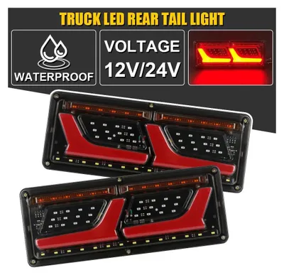 Obrázok produktu pre Kompletná sada (ľavé + pravé) LED zadných svetiel 12V–24V s dynamickým smerovým svetlom a neonovým efektom, rozmer 32 × 13 cm, určené pre autobusy, nákladné vozidlá a nákladné prívesy