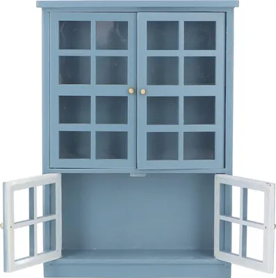 Productafbeelding van Poppenhuismeubelset in de schaal 1:12, een donkerblauw houten miniatuurboekenrek