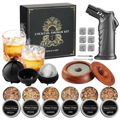 Obrázek produktu pro Sada pro kouření whisky, obsahující hořák, 2 sklenice na whisky, 6 kamenů, dřevo sapelli, dárková sada