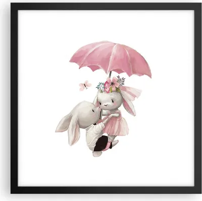 Produktbild von Gerahmtes Poster - Schwarzer Rahmen - Hasen Regenschirm Kinder - 40x40 cm - Wand Bild - Wanddeko - Wandbilder - Kunstposter - Wandposter - Bilderrahmen - Bilder - Kunstdruck - P2BAC40x40-4777