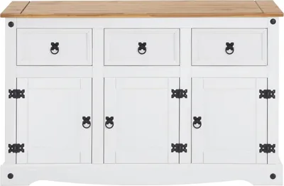 Produktbild von Sideboard CAMPO im Mexiko Stil Kommode Kiefer massiv weiß mit 3 Schubladen und 3 Türen Buffetschrank Geschirrschrank