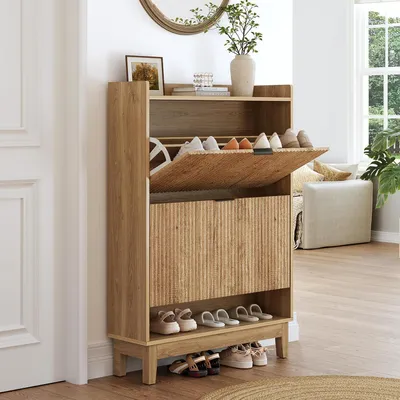 Immagine prodotto di Armadio per scarpe stretto con 2 cassetti, realizzato in materiale composito di legno, colore marrone, dimensioni 80x24x116 cm