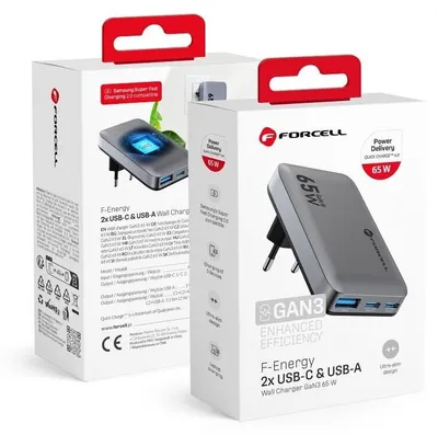 Obrázok produktu pre FORCELL F-ENERGY GaN III VT-47 Ultra tenká cestovná nabíjačka 2 x typ C + USB A PD QC4.0 4A 65W sivá