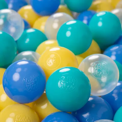 Zdjęcie produktu dla KiddyMoon plastikowe piłeczki 6cm turkus-niebieski-żółty-transparent 100/6cm zabawka zestaw kulek