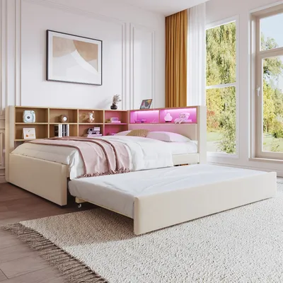 Produktbild von okwish Schlafsofa 90*200 Multifunktionsschlafsofa,Einzelbett, ausgestattet mit LED Leuchten, Steckdosen und vielen Ablagefächern, ohne Matratze,Beige