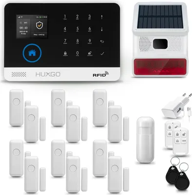 Produktbild von HUXGO HXA003 Alarmanlage Haus WiFi + GSM 4G mit  Funk Sirene, Alarm System mit 1x Bewegungssensor und 12x Tür- Fenstersensor, Alarmanlage für Wohnung, Haus, Büro, Tuya Smartlife App