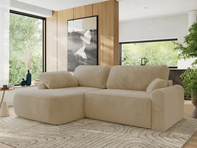 Produktbild von MKS MEBLE Ecksofa CUBO L-form, lose Kissen, Ecksofa 273x187x100 cm mit Schlaffunktion, Bettkasten - Creme Plüsch - Links Seite