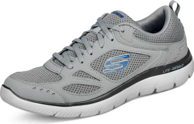 A single gray Skechers shoe is shown against a white background.