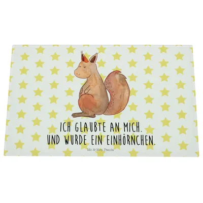 Produktbild von Mr. & Mrs. Panda Glas Schneidbrett Einhorn Glauben - Weiß - Geschenk, Eichhorn, Eichhörnchen, Schneideplatte, Einhörner, schneidunterlage, Hackbrett, Schneidplatte