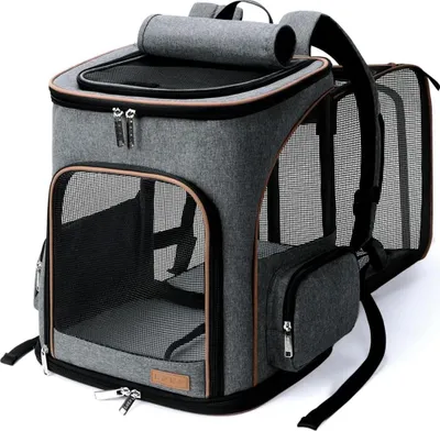 Produktbild von Erweiterbarer Katzen- und Hunderrucksack - Faltbarer Haustier-Rucksack mit Sicherheitsleine und 2 Kissen