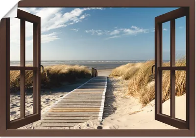Produktbild von Eva Gruendemann: Fensterblick - Nordseestrand auf Langeoog - Steg, Produkt:Poster, Größe (HxB):50x70 cm / Poster