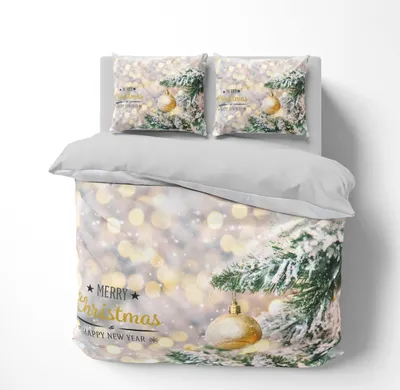 A Christmas-themed duvet cover and pillow set displayed on a bed.