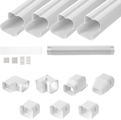 A collection of white PVC ducting components for a mini-split air conditioning system, including straight sections, elbows, and connectors, laid out on a white background.