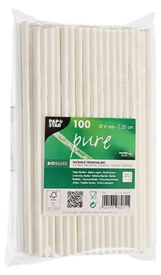 Zdjęcie produktu dla Słomki papierowe Papstar pure 6 mm 20 cm elastyczne białe 100 szt