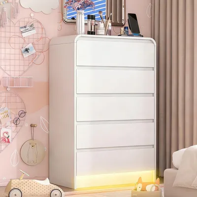 Immagine prodotto di Comodino REMZETTA con 5 cassetti e illuminazione LED colorata, bianco, 73 x 40 x 110 cm, cassettiera per camera da letto e soggiorno