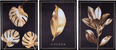 Produktbild von 3er Set Wandbilder 30x40cm Blätter Schwarz Gold Wanddeko Monstera Leinwand Deko