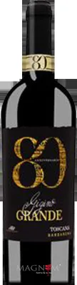A bottle of red wine with a black label featuring gold text and numbering.