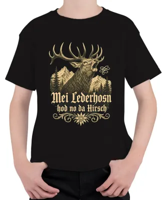 Productafbeelding van Mei Lederhosn heeft nog de Hirsch Bayern lederhosen, een kinder T-shirt, zwart, maat 152