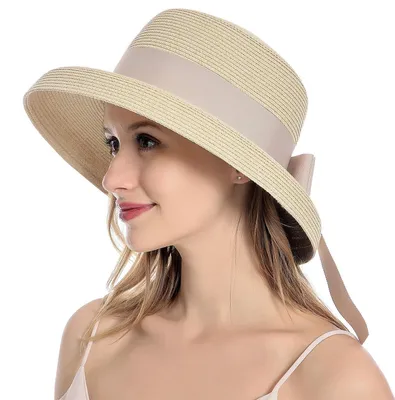 Produktbild von Sonnenhut Damen Strohhut Sommer UV-Schutz faltbar Krempe 8,9 cm Einheitsgröße Beige