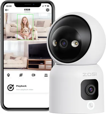 A smartphone displaying a live feed from a security camera, next to the security camera itself.