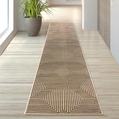 Immagine prodotto di Tappeto a pelo corto Beige motivo geometrico aspetto lucido morbido facile da pulire per soggiorno camera da letto dimensioni - 80 x 300 cm