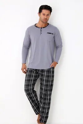 Produktbild von Herren Schlafanzug Pyjama-Set mit Brusttasche, Karierte Hose 100% Baumwolle L-3XL