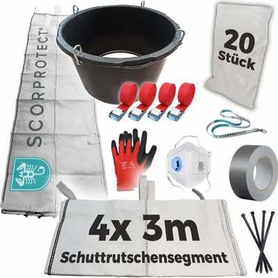A collection of construction debris chute components and safety equipment laid out on a white background.